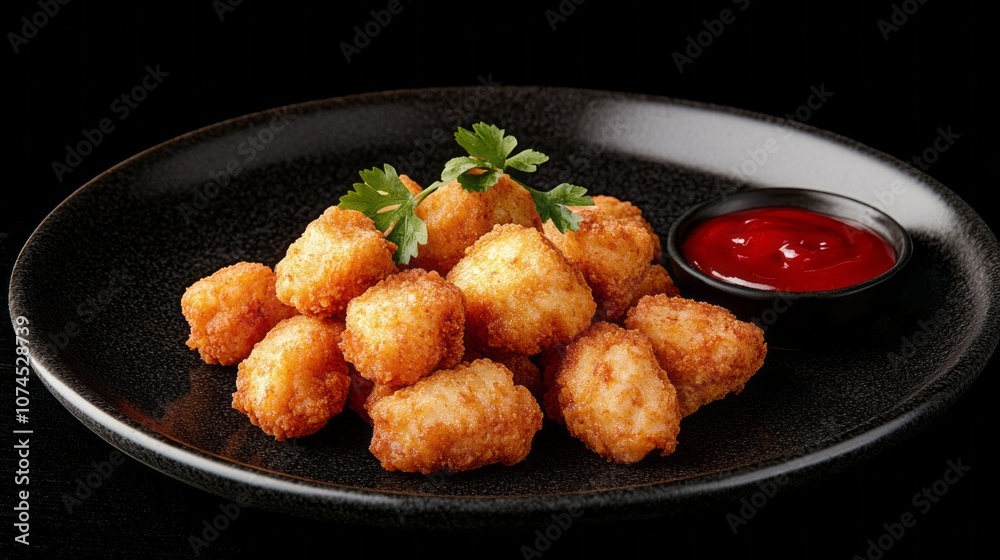 A plate of fried chicken pieces with a side of ketchup A plate of fried chicken pieces with a side of ketchup