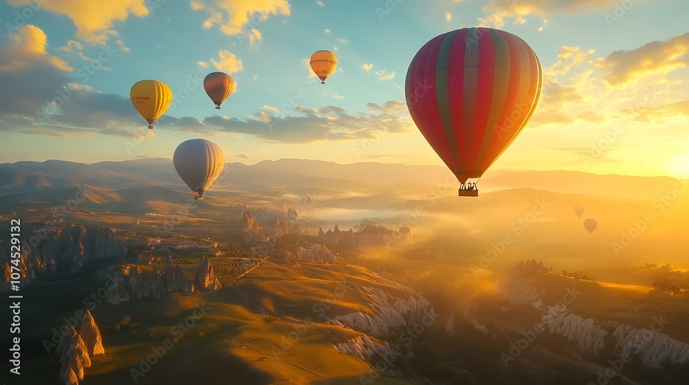 Colorful hot air balloons flying over the countryside at sunrise. Colorful hot air balloons flying over the countryside at sunrise.