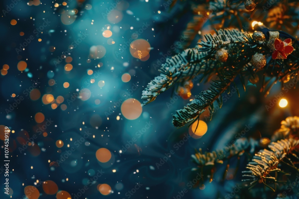 A detailed view of a decorated Christmas tree with twinkling lights A detailed view of a decorated Christmas tree with twinkling lights