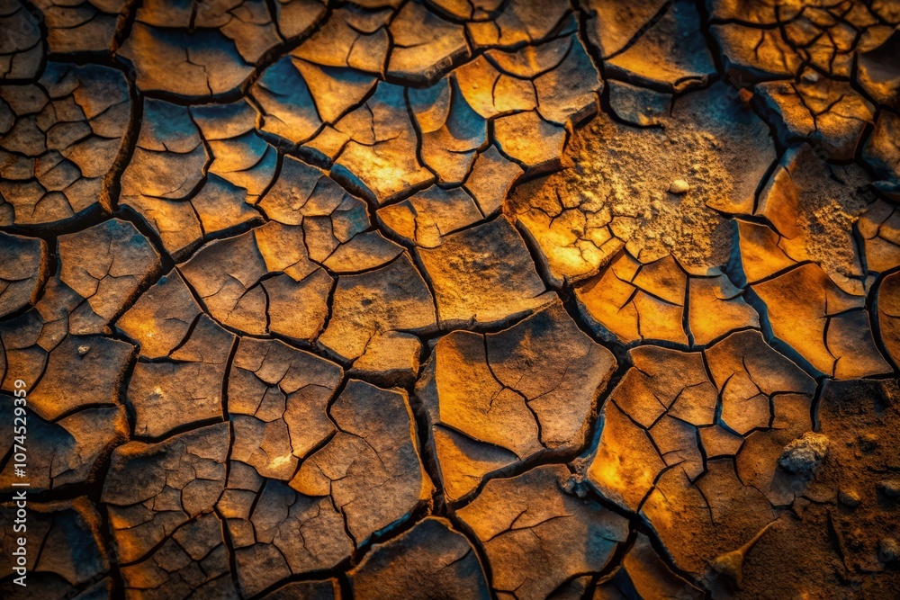 Close-Up of Cracked and Dried Dark Surface Resembling Parchment Earth; Abstract Texture Pattern Highlighted in Low Light Photography for Artistic Exploration and Design Inspiration Close-Up of Cracked and Dried Dark Surface Resembling Parchment Earth; Abstract Texture Pattern Highlighted in Low Light Photography for Artistic Exploration and Design Inspiration