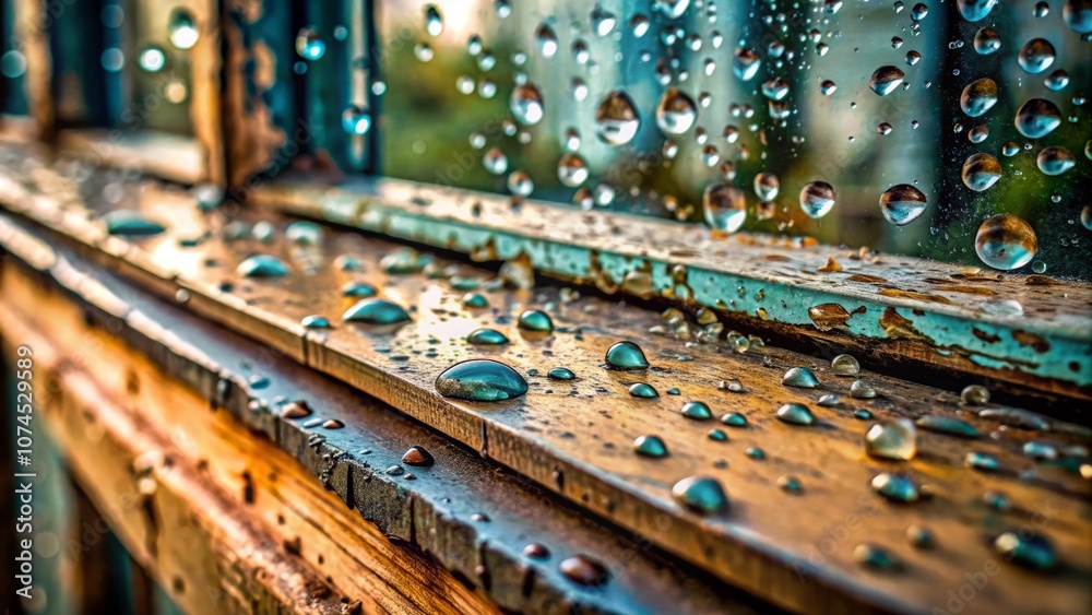 Close Up of Rain Drops on a Windowsill with Chipped Paint, Capturing the Beauty of Nature's Water Beads and the Rustic Charm of Weathered Wood and Paint Surfaces