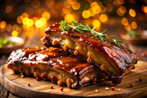 Close-Up of Juicy Glossy Glazed Pork Ribs with Bokeh Effect, Capturing the Rich Color and Texture of the BBQ Sauce and Tender Meat, Perfect for Food Photography and Culinary Art photo