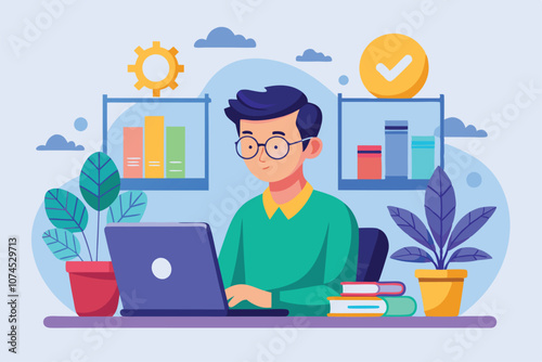 A man is intently working on his laptop surrounded by plants and colorful charts in a bright workspace Man working on laptop, flat illustration.