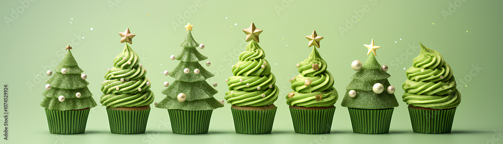 Holiday-themed cupcakes with green buttercream trees, adorned with sugar ball ornaments and a sparkling star, adding festive cheer Holiday-themed cupcakes with green buttercream trees, adorned with sugar ball ornaments and a sparkling star, adding festive cheer