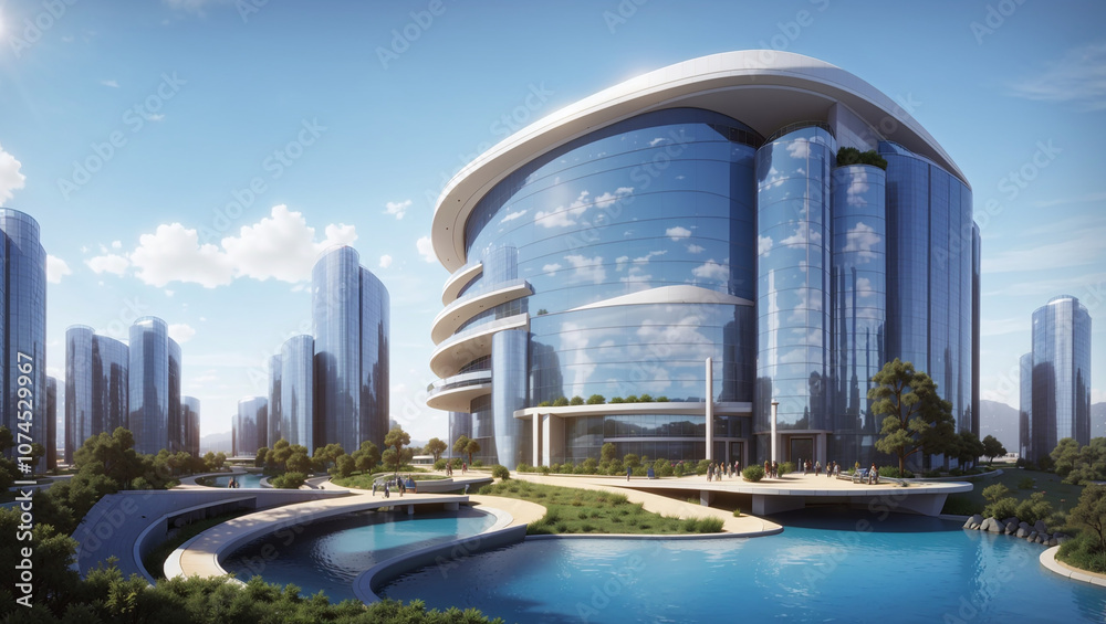 Fototapeta premium A modern, tall building with a curved design,