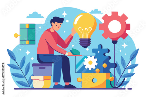 A man engages in creative thinking, assembling puzzle pieces and a light bulb in a vibrant workspace Man working on puzzle bulb idea, flat illustration.