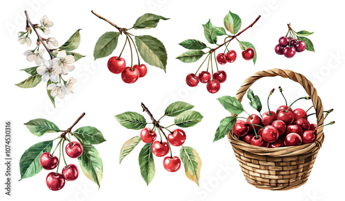 Aquarelle cherry set. Blossom branch with white flowers and leaves fruits berries wicker basket full of fresh ripe cherries. Organic food harvest season. Watercolor style isolated vector clipart