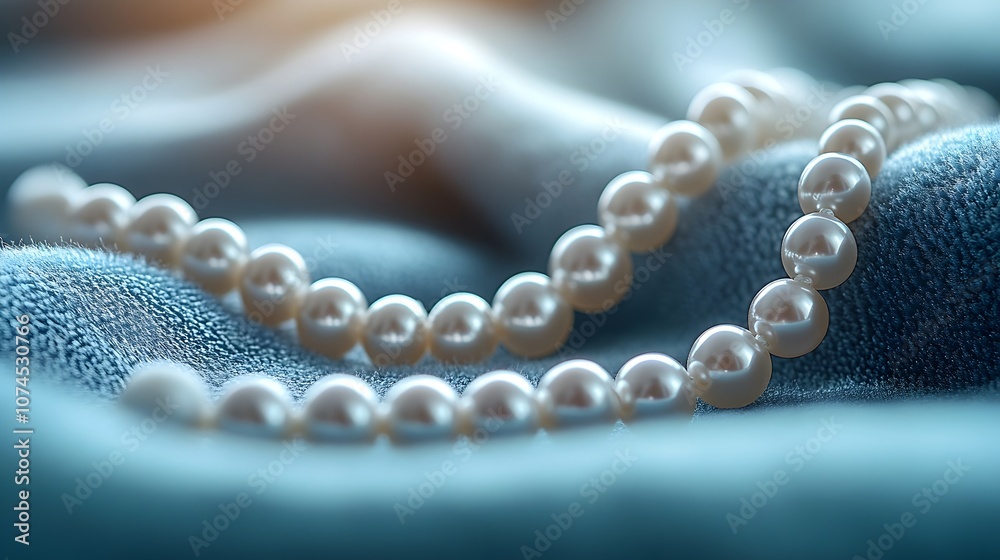 a pearl necklace draped over a soft blue velvet jewelry box. jewelry box display a pearl necklace draped over a soft blue velvet jewelry box. jewelry box display