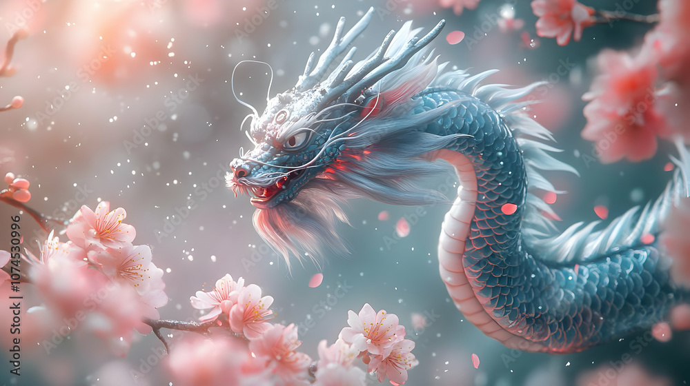 Fototapeta premium Blue Dragon with Pink Flowers Illustration