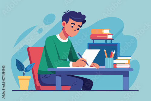 A young man is focused on writing during an exam preparation session at his desk Man writing on paper for an exam, illustrated in a flat style.