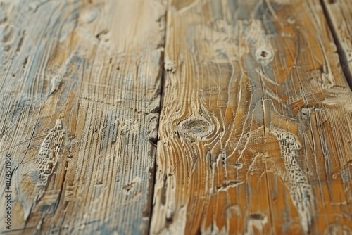 A close-up view of a wooden table with peeling paint, great for background or texture images