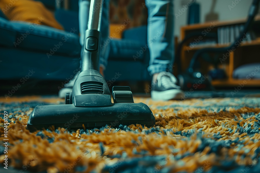 Cropped view of man cleaning carpet with vacuum cleaner at home Cropped view of man cleaning carpet with vacuum cleaner at home