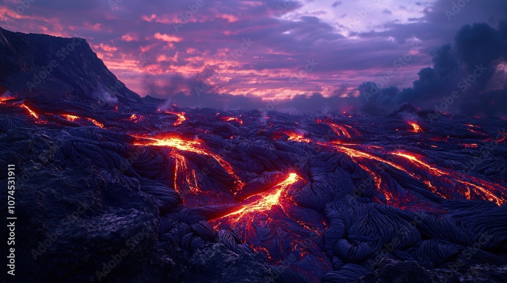 Fototapeta premium Dramatic Erupting Volcano with Fiery Lava Flows at Twilight Scenic Landscape
