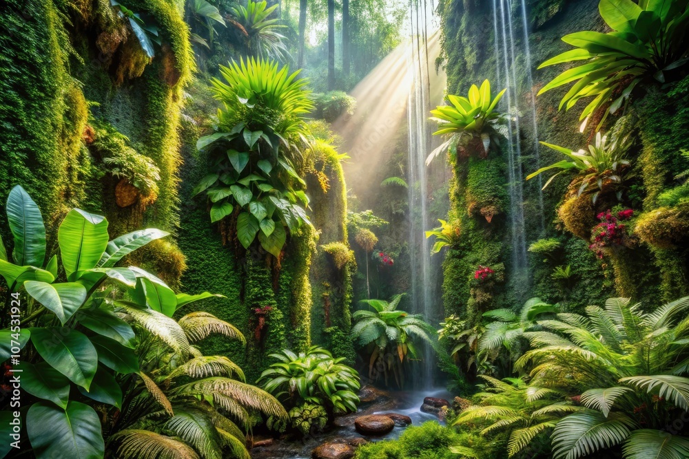 Obraz premium Surreal Lush Vertical Garden in Rain-Drenched Forest with Vibrant Ferns and Mosses Under a Canopy of Greenery, Showcasing Natureâ€™s Tranquility and Beauty