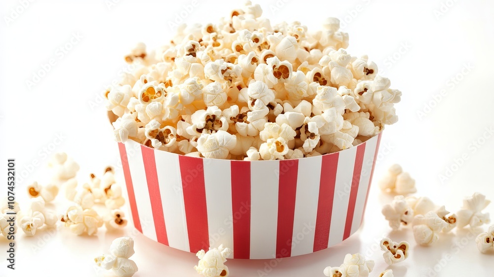 Bucket of popcorn with red and white stripes isolated on a white background