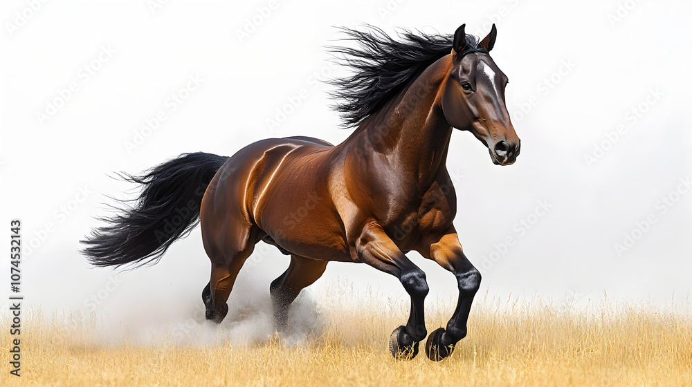 A powerful and graceful mustang horse galloping at full speed through a misty countryside landscape,its mane and tail flowing in the wind,exuding a sense of freedom and untamed spirit. A powerful and graceful mustang horse galloping at full speed through a misty countryside landscape,its mane and tail flowing in the wind,exuding a sense of freedom and untamed spirit.
