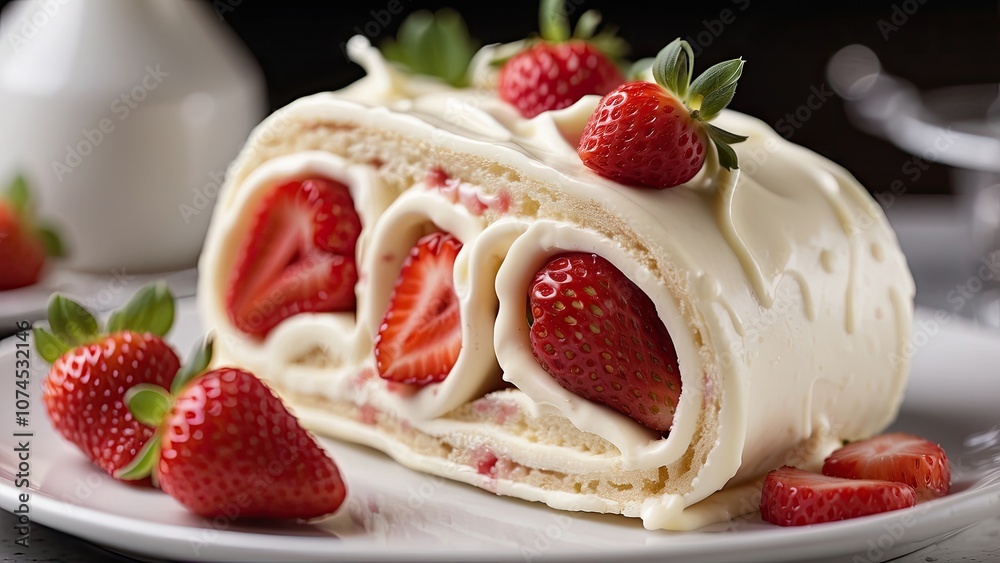 Close-up of a cake roll with cream and strawberries- Close-up of a cake roll with cream and strawberries-