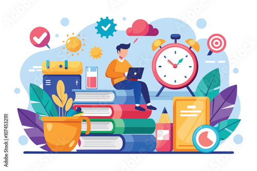 A student uses a laptop while sitting atop colorful books, surrounded by study aids and a clock Manage your study time effectively with a flat illustration.
