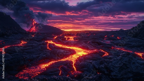 Dramatic Volcanic Landscape with Fiery Lava Flows and Glowing Molten Magma at Night