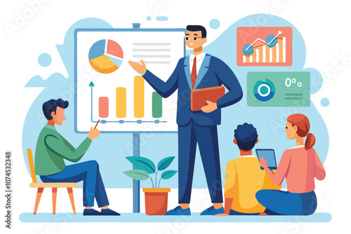 A manager coach presents data trends to a small group in a training session with charts and graphs Manager coach explaining statistics and trends to businessmen using a flat illustration.