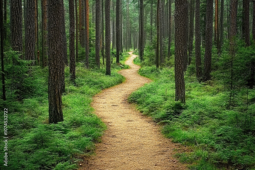 Fototapeta premium A dirt path surrounded by trees in a dense forest