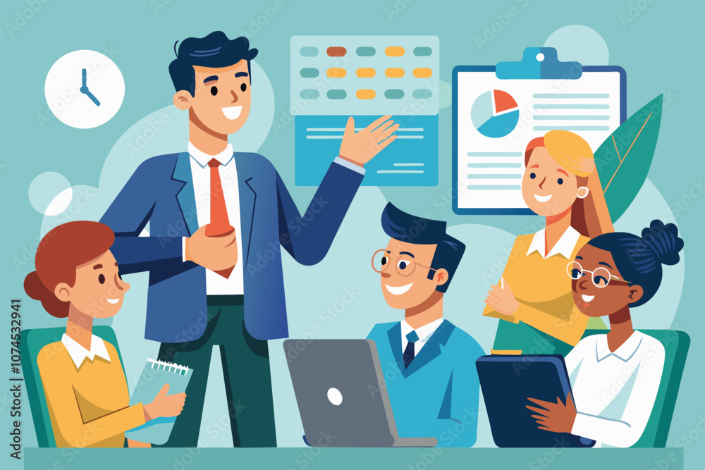 A manager engages the team with clear instructions and feedback in a vibrant office environment Manager gives instructions for work, simple picture. A manager engages the team with clear instructions and feedback in a vibrant office environment Manager gives instructions for work, simple picture.