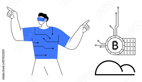 A person wearing a VR headset interacts with digital elements. Ideal for technology, blockchain, virtual reality, digital finance, and cloud computing. Clean lines, minimalistic, modern design