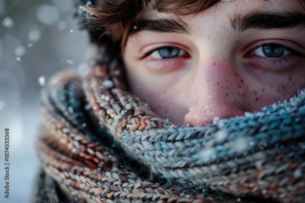 A close-up view of a person wearing a scarf, with details on the fabric and texture A close-up view of a person wearing a scarf, with details on the fabric and texture