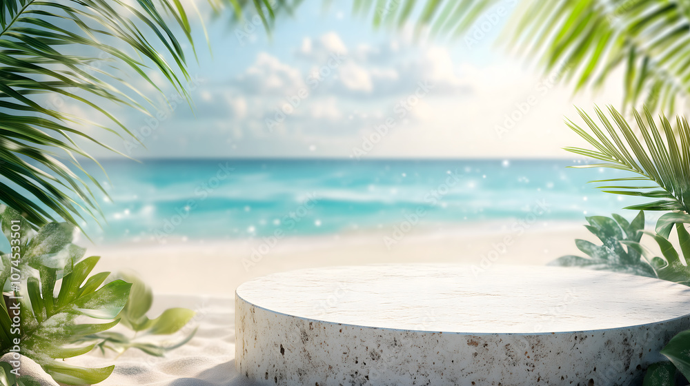 Beautiful stone podium with copy space for product display on tropical summer with blurred green palm tree leaves, blue sea and sand beach background
Beautiful stone podium with copy space for product display on tropical summer with blurred green palm tree leaves, blue sea and sand beach background