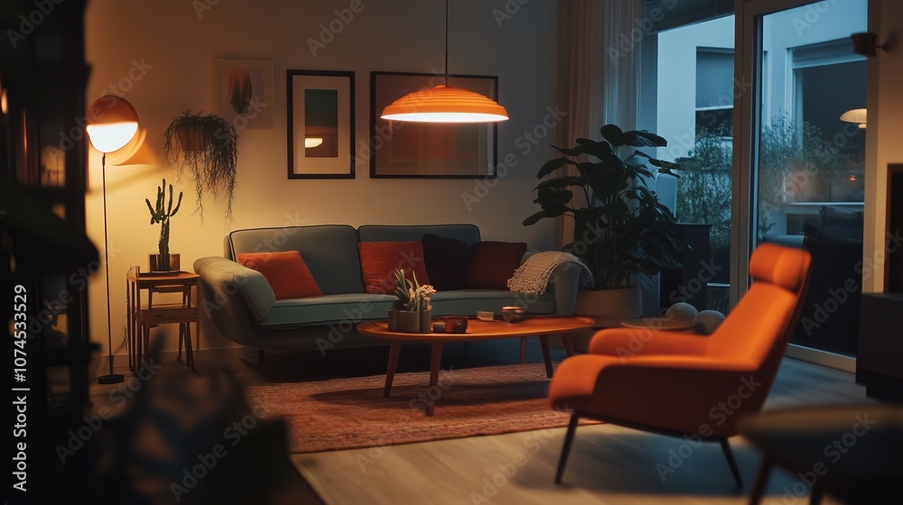 Fototapeta premium Stylish Living Room with Mid-Century Modern Furniture and Warm Lighting, Cozy Evening Ambience, Contemporary Home Decor, Relaxing and Inviting Space with Indoor Plants and Vibrant Accents