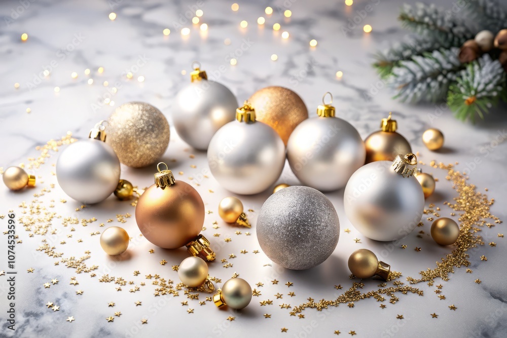 Elegant Christmas and New Year Decorative Background Featuring Beige and Gray Matte Balls, Marble Surface, and Golden Confetti with Ample Copy Space for Seasonal Greetings Elegant Christmas and New Year Decorative Background Featuring Beige and Gray Matte Balls, Marble Surface, and Golden Confetti with Ample Copy Space for Seasonal Greetings