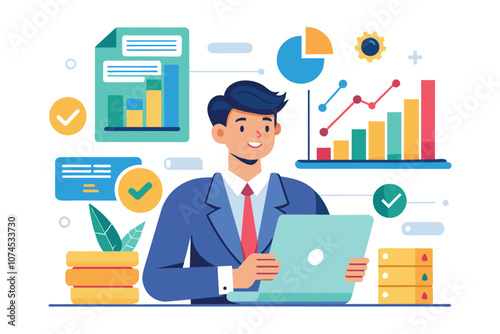 A manager reviews business data on a laptop surrounded by charts, graphs, and documents in an office Manager reviewing business data, simple illustration