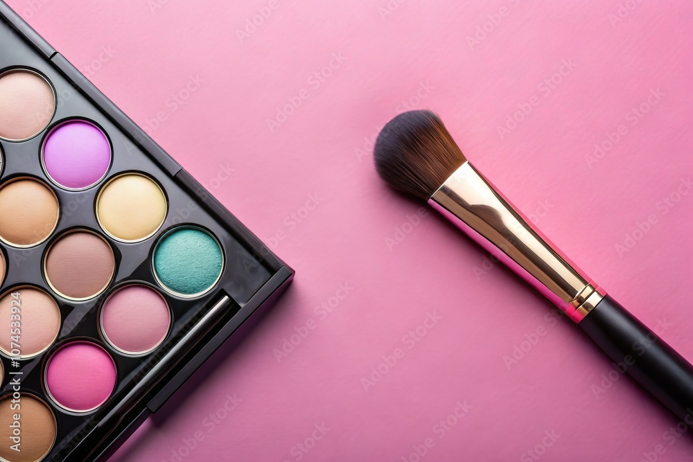 Elegant Eye Makeup Set with Eyeshadow Palette and Brush on Pink Background, Ideal for Beauty Promotions and Creative Designs with Ample Copy Space Elegant Eye Makeup Set with Eyeshadow Palette and Brush on Pink Background, Ideal for Beauty Promotions and Creative Designs with Ample Copy Space