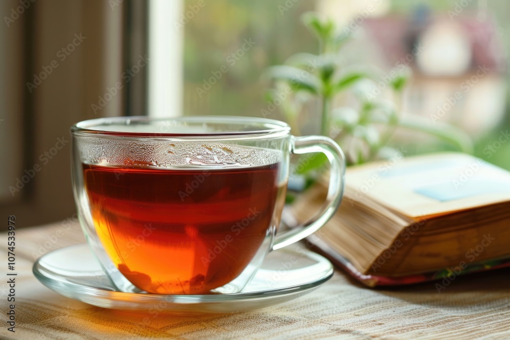 A cozy moment with a cup of tea and a book on a table A cozy moment with a cup of tea and a book on a table