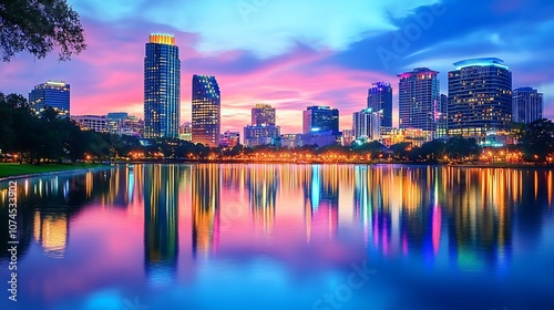 New York City Skyline at Dusk, Vibrant Colors, Calm Water Reflections.