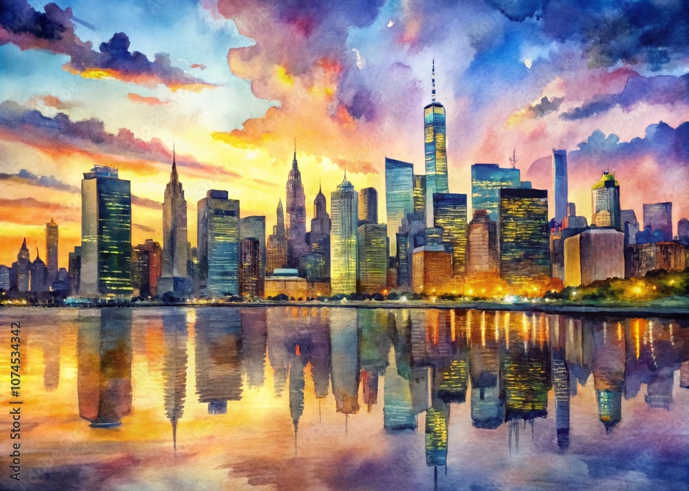 Obraz premium Serene Watercolor Landscape of New York City at Dusk with Vibrant Hues and Soft Brush Strokes Capturing Iconic Skylines and Reflective Waterways for Artistic Flair