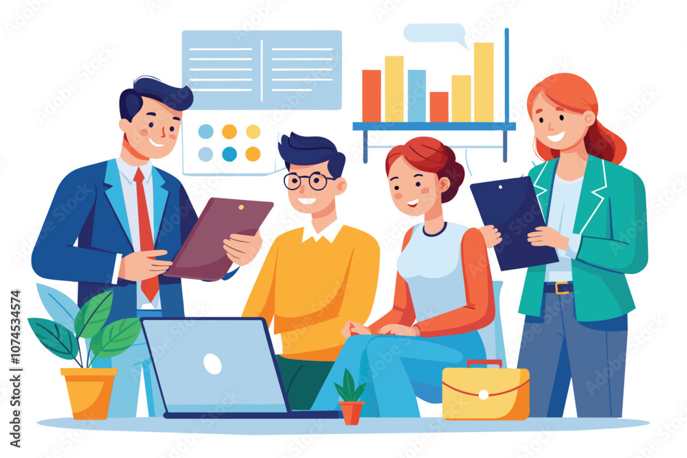 Four managers engage in a discussion about business rules and strategy at a collaborative workspace Managers review business rules, simple picture Four managers engage in a discussion about business rules and strategy at a collaborative workspace Managers review business rules, simple picture