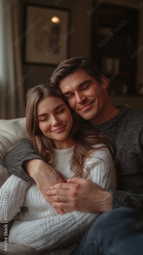 A man and a woman are hugging each other on a couch A man and a woman are hugging each other on a couch