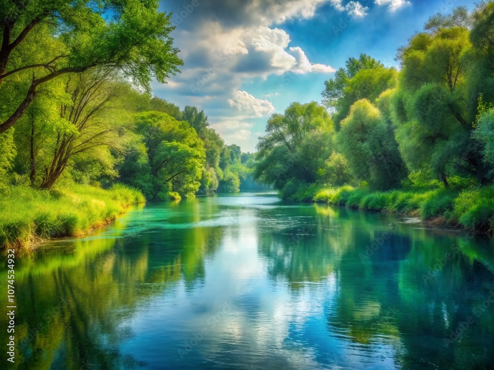 Serene Watercolor River Landscape Painting with Soft Hues and Gentle Flow, Capturing the Essence of Nature's Tranquility and Artistic Expression in a Beautiful Scene