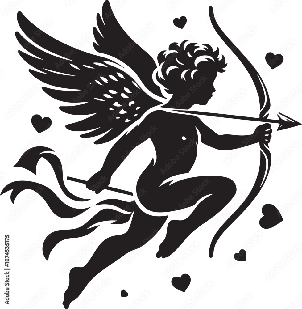 Fototapeta premium Cupid silhouette. Love and valentine's day symbol. Cupid shooting arrow.