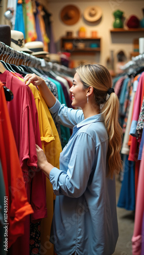 Woman Shopping in Vibrant Clothing Store: Fashion Retail Experience for Lifestyle Brands and Boutique Marketing