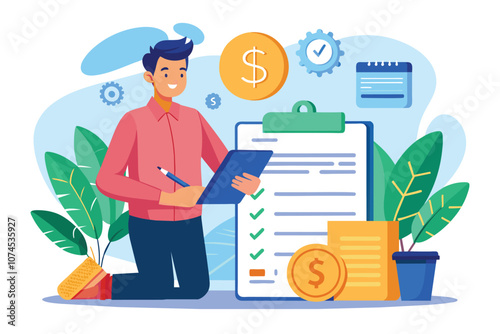 A person is reviewing financial documents and signing a loan agreement while surrounded by plants and coins Managing finances, signing loan agreement, borrowing money, flat picture.