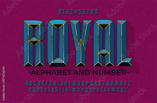 Royal blue luxurious alphabet with gold inserts. Font in the color of expensive Victorian velvet inlaid with gold lines. Set with numbers, upper and lower case letters.