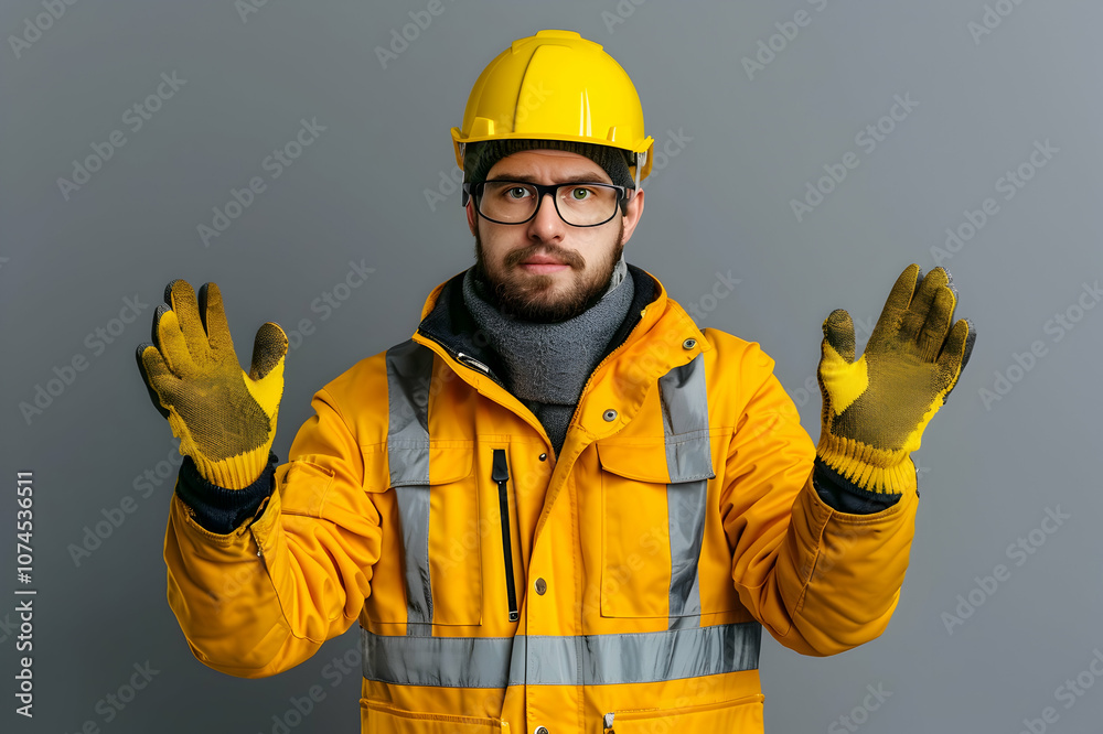 Condescending workman in yellow helmet and gloves gesturing on grey Condescending workman in yellow helmet and gloves gesturing on grey
