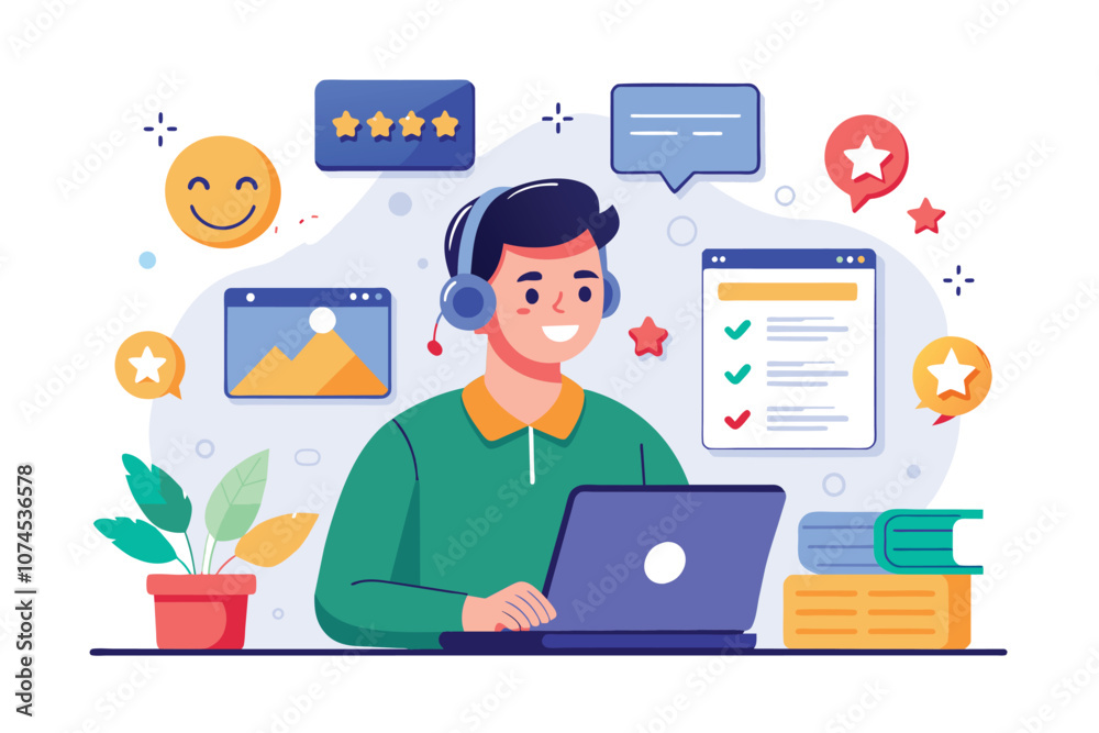 Fototapeta premium Managing online services and receiving positive feedback while working, Managing online services and receiving positive feedback from clients, with flat illustrations for customer support.