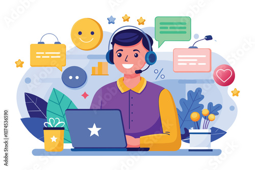 Managing online services with effective communication and receiving, Managing online services and receiving positive feedback from clients, with flat illustrations for customer support.
