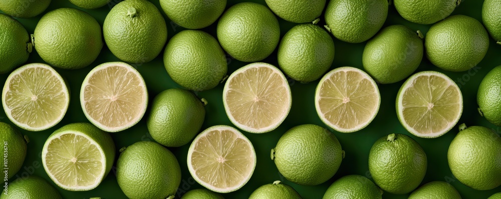 Fresh green limes and sliced lime halves arranged neatly, highlighting vibrant colors and textures. Fresh green limes and sliced lime halves arranged neatly, highlighting vibrant colors and textures.