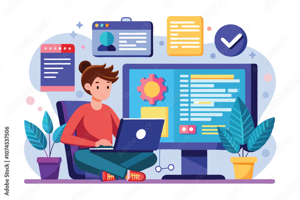 A person works on website programming at a laptop, surrounded by digital elements and plants in a bright workspace Managing website programming with flat illustrations. A person works on website programming at a laptop, surrounded by digital elements and plants in a bright workspace Managing website programming with flat illustrations.