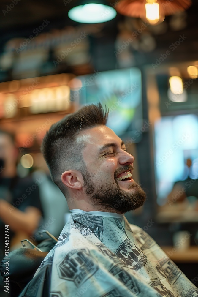 Obraz premium Happy man laughing in barber chair, modern hairstyle