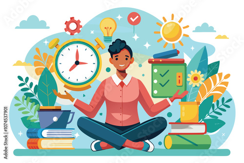 A person practices time management surrounded by tools symbolizing organization and focus Managing your time and yourself is important for success.